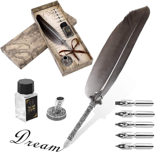 Quill Pen, Hand Made Antique Quill Dip Pen, Calligraphy Writing Drawing Pen for Students Officer, Write Smoothly, Executive Gift with Empty Ink Bottle, 6 PCS Nib for Art