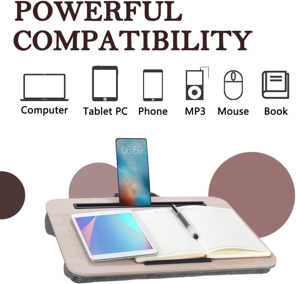Portable Laptop Desk Fits Up to 16“ Laptops, with Tablet Slot, Built-in Cushion, Great for Home & Office,Lap Desk for Laptop,Lap Desk with Cushion (Light Wood, Medium)