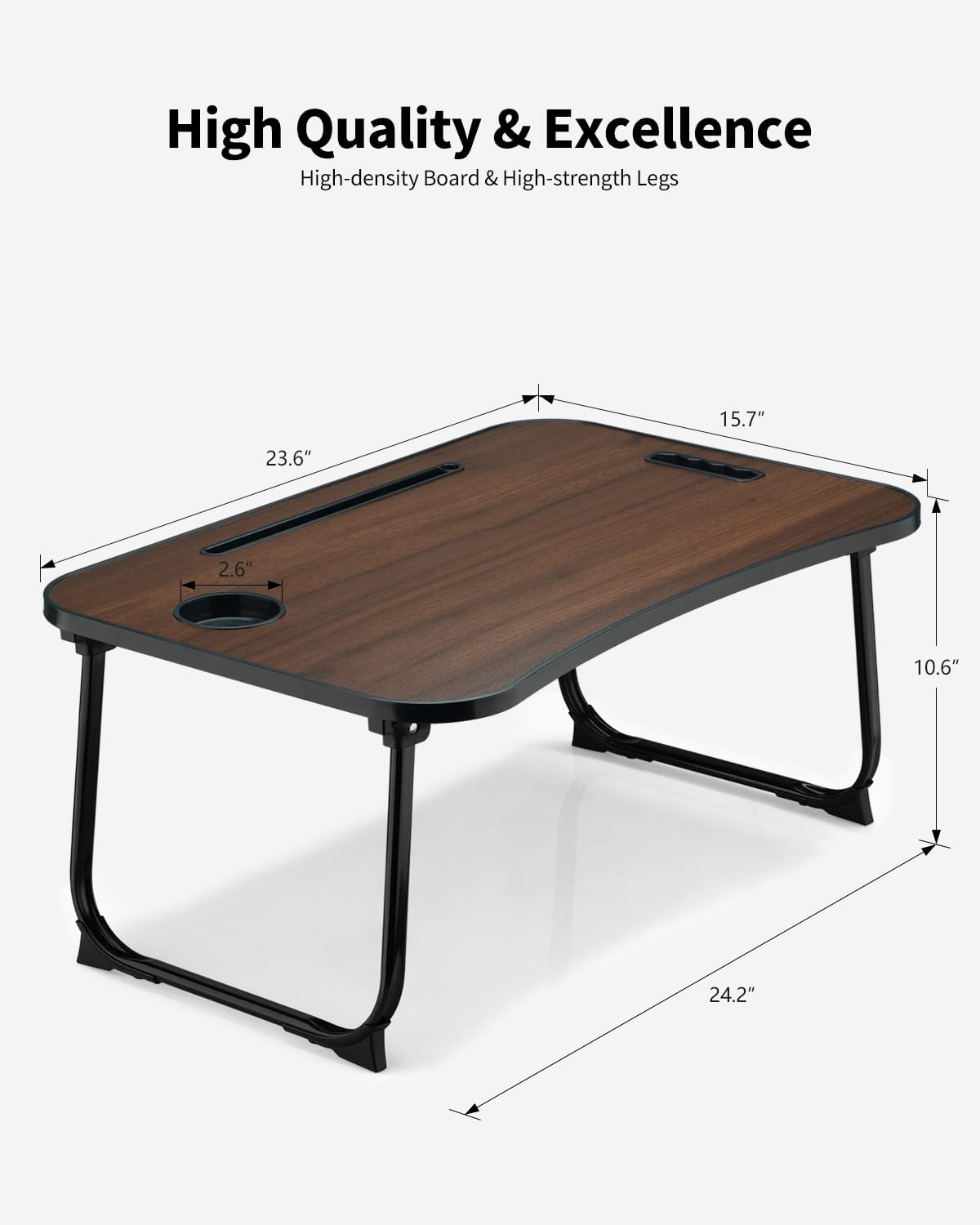 Foldable Lap Desk, Laptop Bed Desk, Portable Lap Table, Laptop Bed Table with Cup Holder & Tablet Slot & Lifting Handle for Working Writing Drawing & Eating - Walnut Brown