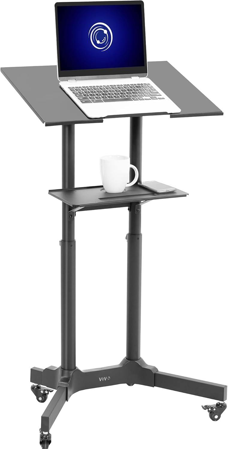 VIVO Mobile 24 x 16 inch Lectern Podium, Height Adjustable Steel Rolling Laptop Cart on Wheels, Black, CART-V03E