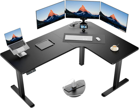 HUANUO 63″ Dual Motor L-Shaped Standing Desk, Built-in Power Outlets, Electric Height Adjustable Corner Computer Desk, Large Power Strip Holder, Sit Stand Up Desk with 3 Preset Heights, Black