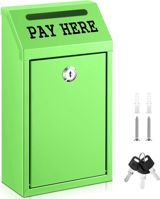 Safe Cash Box Money Collection Metal Donation Box with Lock Wall Mount Pre Drilled Mailbox Delivery Ballot for Home Office Outdoor Self Serve Stand (Grass Green,10.2 x 5.7 x 2.8 Inch)