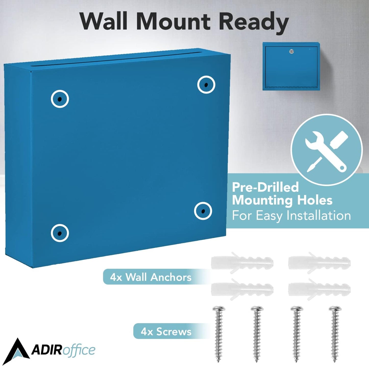 Adir Metal Suggestion Box with Lock and Slot, Wall Mount Deposit Box for Payments and Checks, Office Mail Box for Employees, Mailbox for House, Safe Drop Box with Keys - 3x10x12 Inch Blue