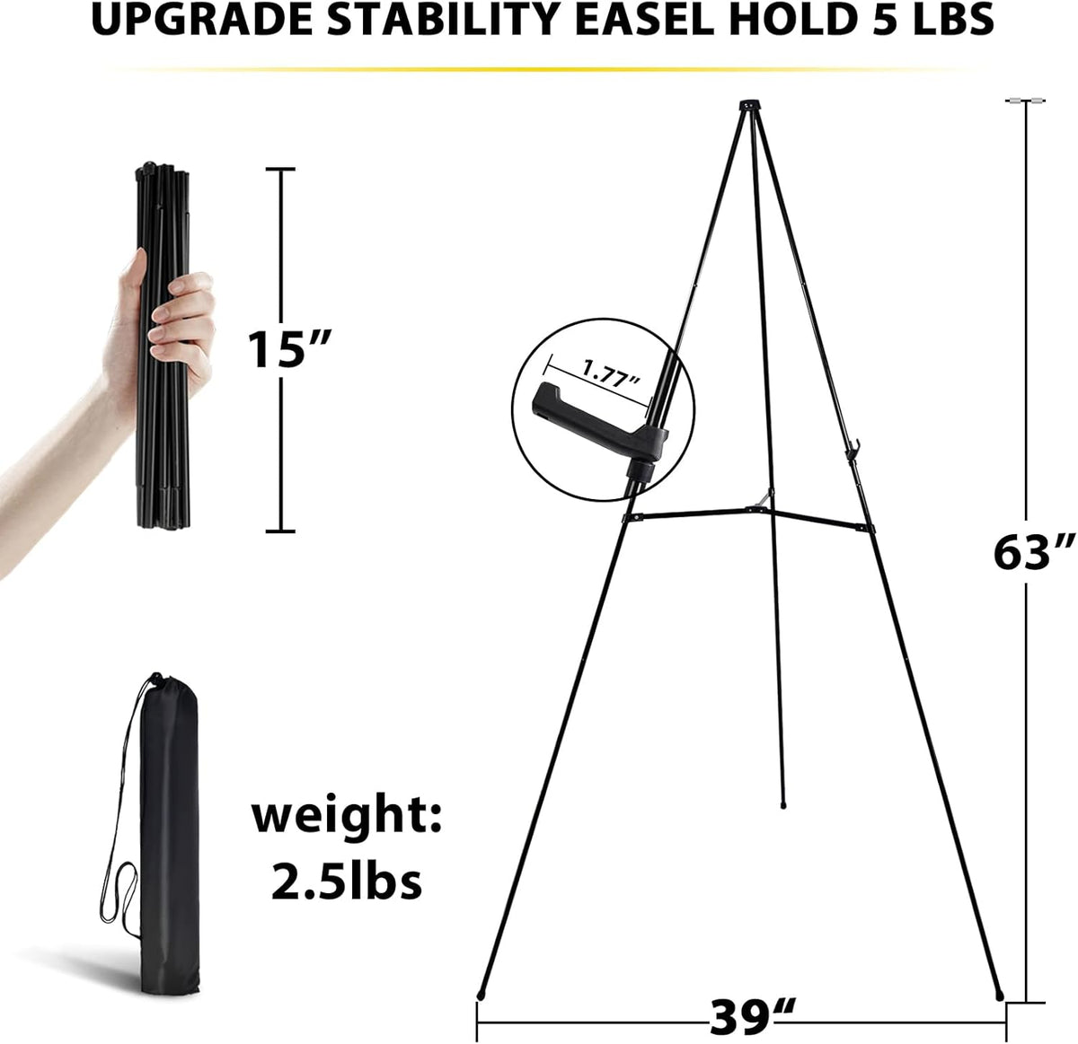 Easel Stand for Sign - 63 Inches Display Easel for Wedding Sign & Poster - Lightweight Portable Floor Easel for Picture - Adjustable Poster Easel with Carrying Case, Black 1 Pcs