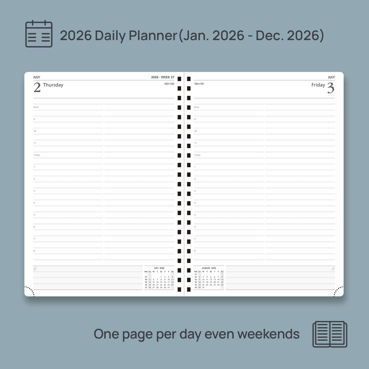 POPRUN 2026 Daily Planner One Page A Day - [A4 Large Size 8.25" x 12" -Spiral Hard Cover], Agenda 2026 Hourly Appointment Book with Monthly Calendar, Pen Holder, Ivory Paper -Light Pink