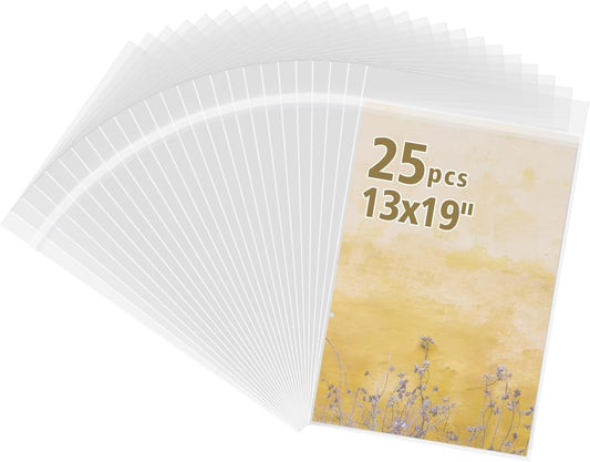 Frametory, 25 Pack 13 7/16" x 19 1/4" Acid-Free Clear Plastic Bags, Self Seal Crystal Bags for 13X19 Art Prints,Pictures,Photos,Framing Mat Mattes
