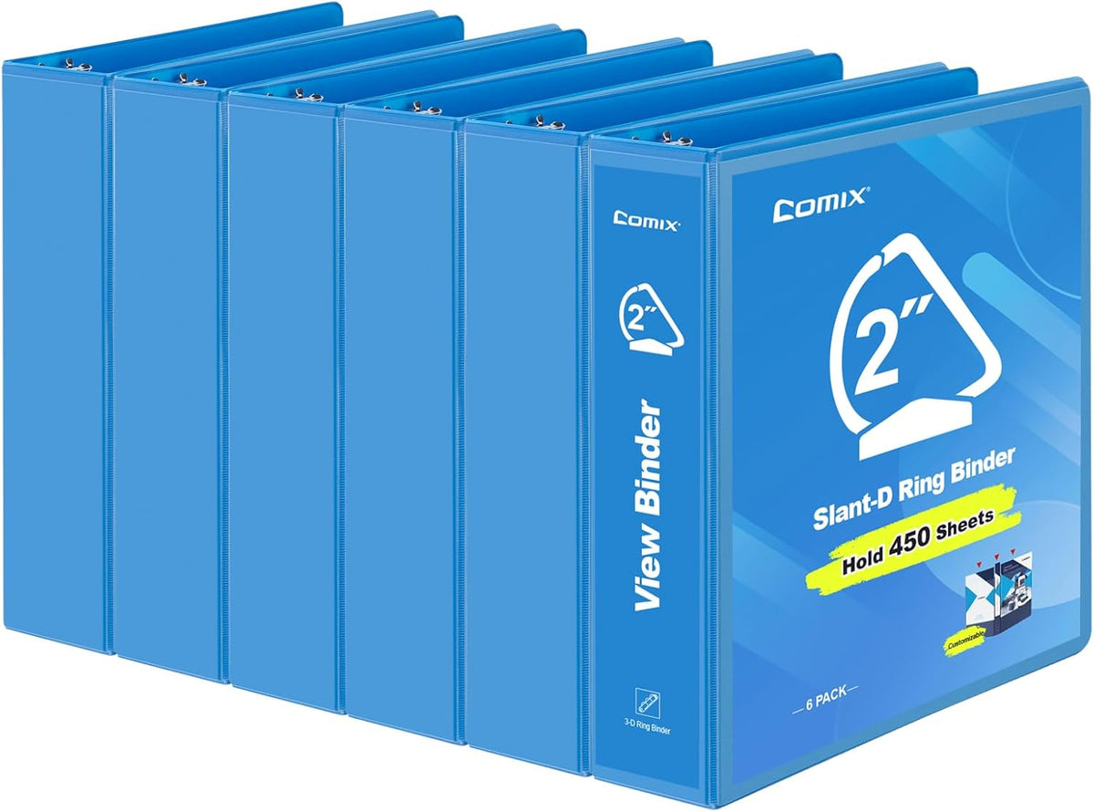 COMIX Sturdy 3 Ring Binder 2 inch with Clear View Cover, 2" Slant-D Ring View Binder Holds 500 Sheets of US Letter Size Paper, 6 Pack (Light Blue)