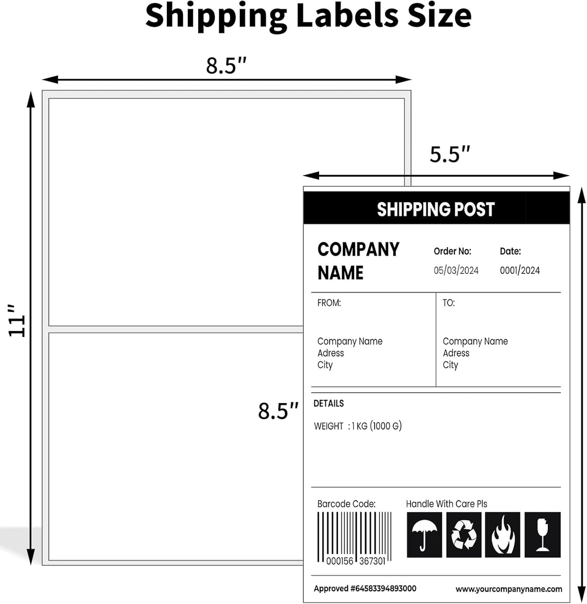 Half Sheet Shipping Labels,Self Adhesive Mailing Labels for Laser & Inkjet Printers,White 8.5x5.5 Half Page Label,500 Sheets