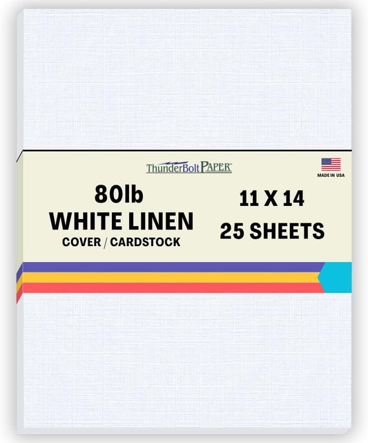 25 White Linen 80# Cover Paper Sheets - 11" X 14" (11X14 Inches) Scrapbook|Picture-Frame Size - 80 lb/pound Card Weight - Fine Linen Textured Finish Cardstock