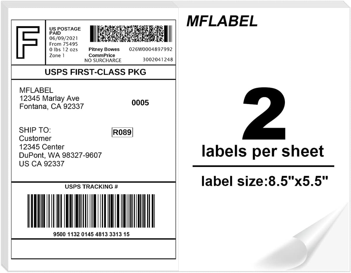 MFLABEL Half Sheet Label Laser/Ink Jet Shipping Label 8.5 x 11 Inches Packaging Labels, Address Labels for Laser & Inkjet Printers, 1200 Count(600 Sheets)