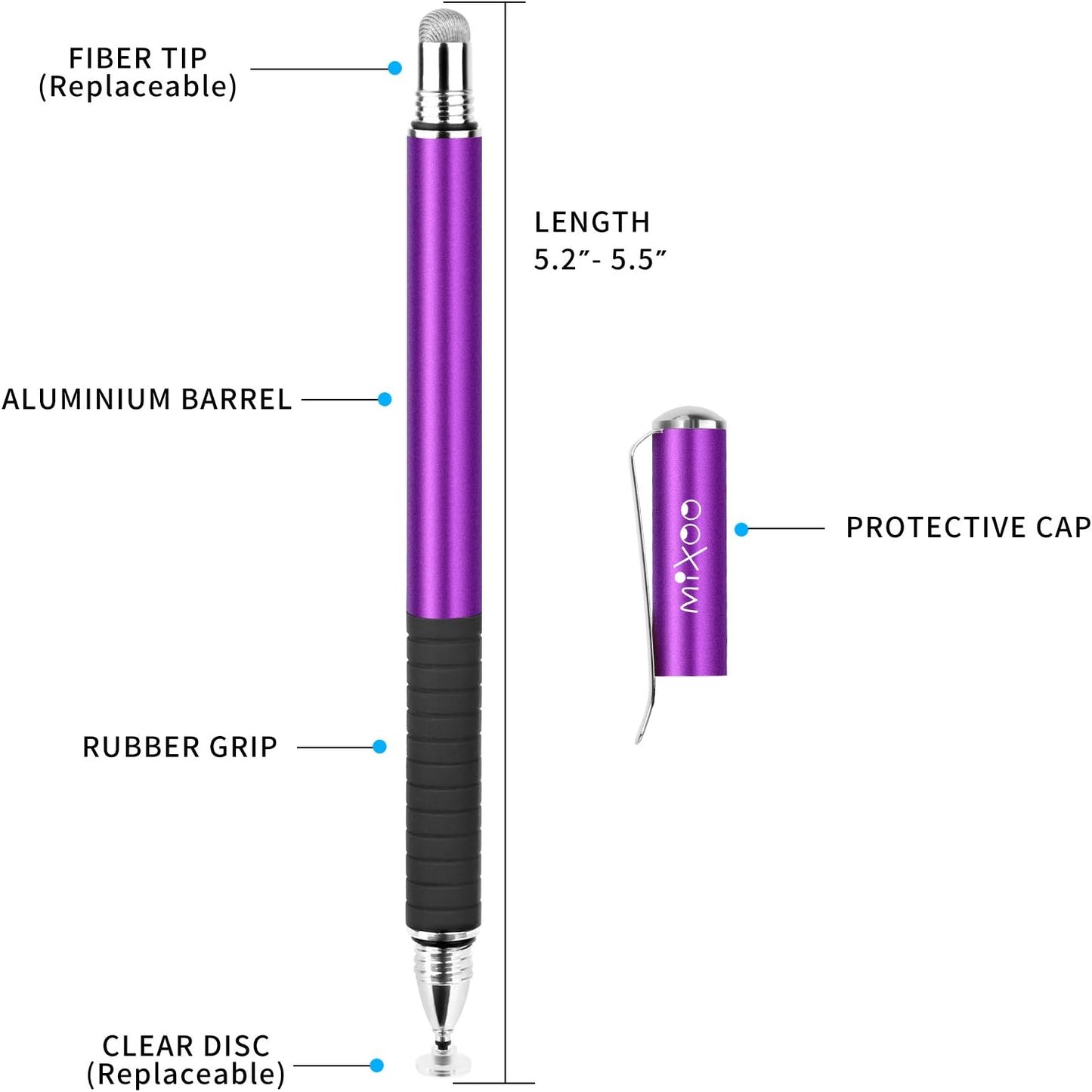 Mixoo Stylus Pens for Touch Screens - Disc & Fiber Tip 2 in 1 High Sensitivity Universal Stylus for iPad, iPhone, Tablets and Other Capacitive Touch Screens (Dark Violet)