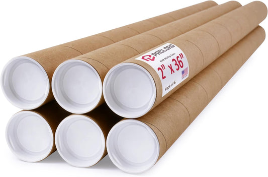 2" x 36" Reinforced Kraft Paper Mailing Tubes, Pack of 6 Tubes with 2 Caps Each – USPS Approved Poster Tube – Made in USA Cardboard Tube for Shipping and Storing Posters, Prints, Artwork, or Documents