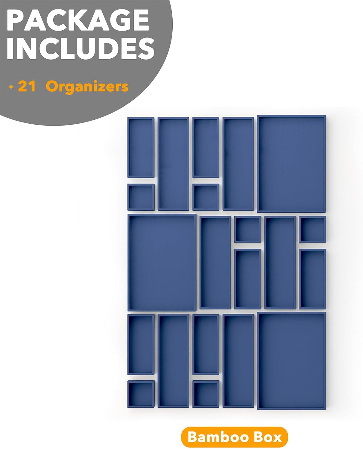 SpaceAid 21-Piece Bamboo Drawer Organizer Storage Boxes Set, Wood Tray Junk Drawer Organizers Multi-Use Divider Bins for Kitchen, Bathroom, Office Desk and Makeup Organization (21 Pack, Navy Blue)