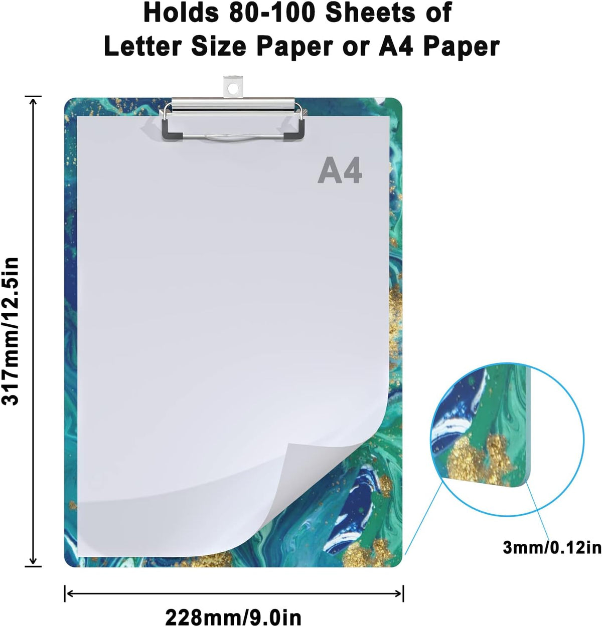 Clipboard Wood Design Decorative A4 Letter Size Clip Boards for Classroom Office, Standard Size 9" x 12.5" with Low Profile Metal Clip - Blue Gold Marble