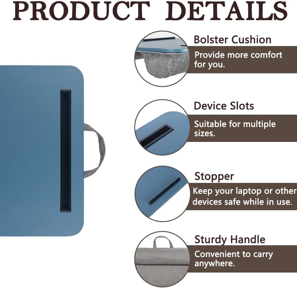 Portable Laptop Desk Fits Up to 16“ Laptops, with Tablet Slot, Built-in Cushion, Great for Home & Office,Lap Desk for Laptop,Lap Desk with Cushion (Blue, Medium)