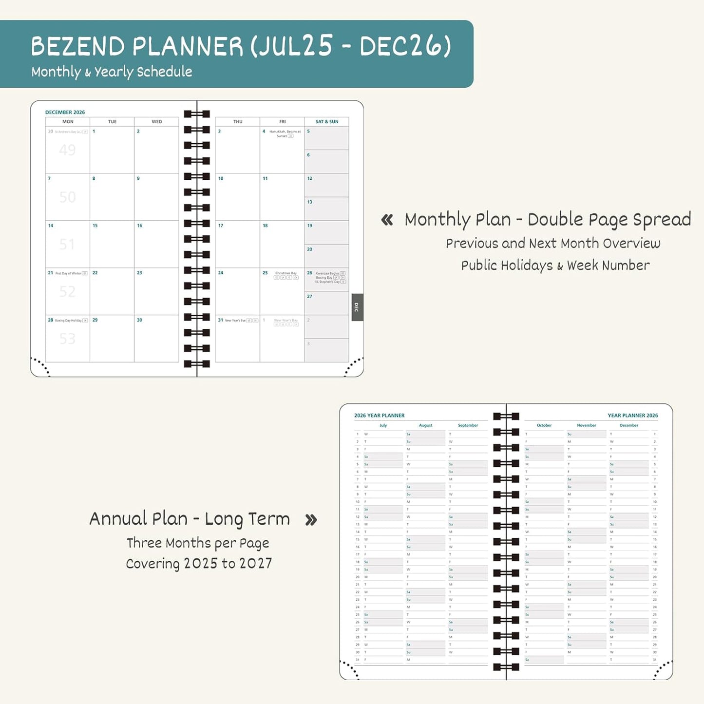 BEZEND Pocket Planner 2025-2026 Weekly and Monthly, 3.5" x 6" Academic Planner (Jul 25-Dec 26) 18-Month Mid-Year Calendar Book, Storage Pocket, Pen Holder, PU Leather Softcover, Spiral - Blueberry
