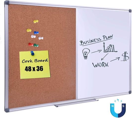 48 x 36 Inch Magnetic Dry Erase Cork Bulletin Combo Board, Wall Mounted Whiteboard & Corkboard Combination Board with Aluminum Frame