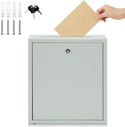 Metal Donation Box Suggestion Box with Slot and Lock-Cash for Money-Waterproof Drop Comment and Ballot Voting for Easy Wall mounting(Light Gray,13 x 11.4 x 3.5 Inches)