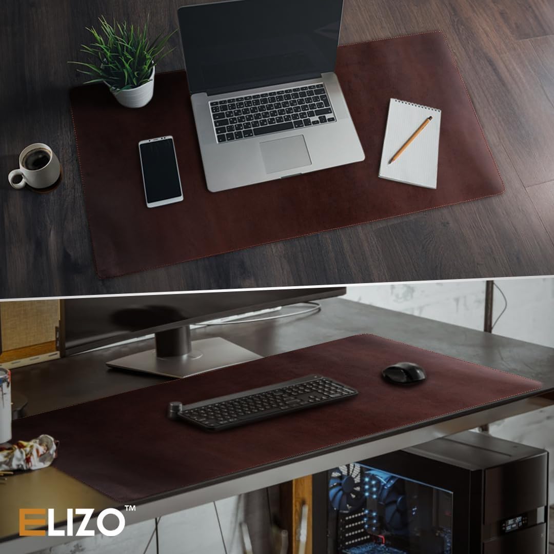 Leather Desk Pad (Real) Leather Desk Mat Set (31x15) Large Desk Cover Desk Blotter Desk Protector Computer Mat for Keyboard Gaming Mouse Pad Table Laptop Office Desktop Accessories 2mm Elizo