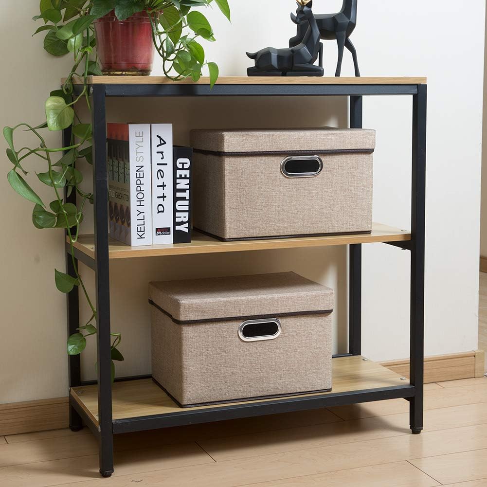 PRANDOM Collapsible Storage Containers with Lids [5-Pack] Jute Fabric Foldable Storage Bins Boxes Organizer Baskets Cube with Cover for Home Bedroom Closet Office Nursery (14.9x9.8x9.8)