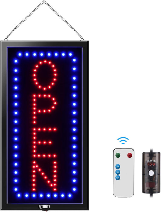 FITNATE LED Open Sign with Remote Control, Timing Function, Ultra Bright Vertical Light up Sign, Flashing & Steady Lighting Modes, Open Signs for Business Window, Wall, Bar, Hotel(19'' X 10'')