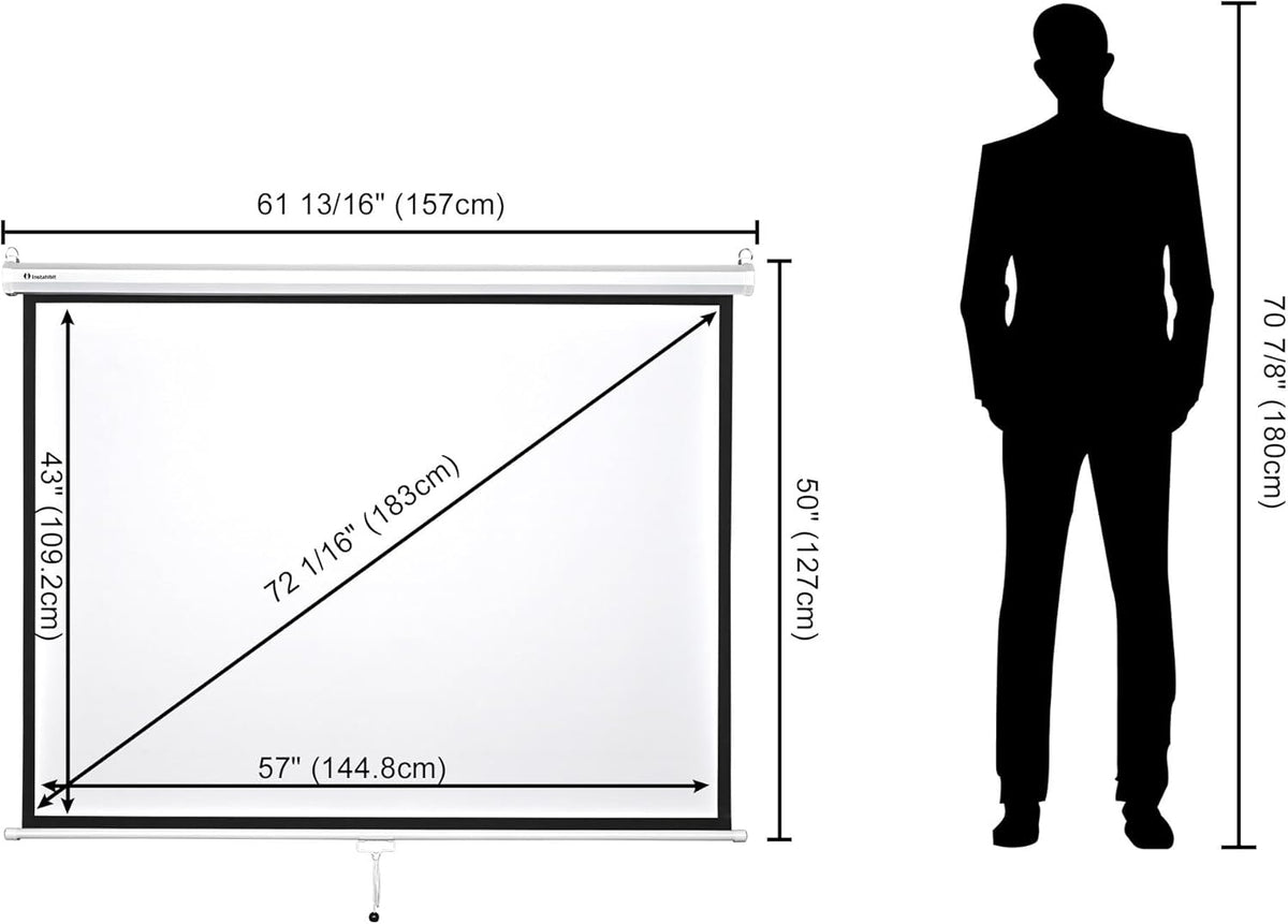 72" Projection Screen Pull Down 4:3 4K HD Manual Retractable Projector Screen with Auto-Locking Wall Mounted Home Theater Indoor Outdoor Movie Night 57" x 43" Matte White