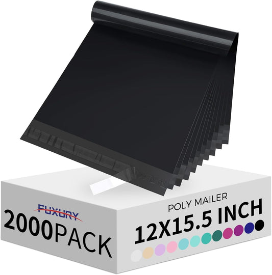 Fuxury 2000 Pcs 12x15.5" Poly Mailers,Waterproof Mailing Envelopes for Clothing, Strong Adhesive Poly Shipping Postage Bags for Small Business(Black)