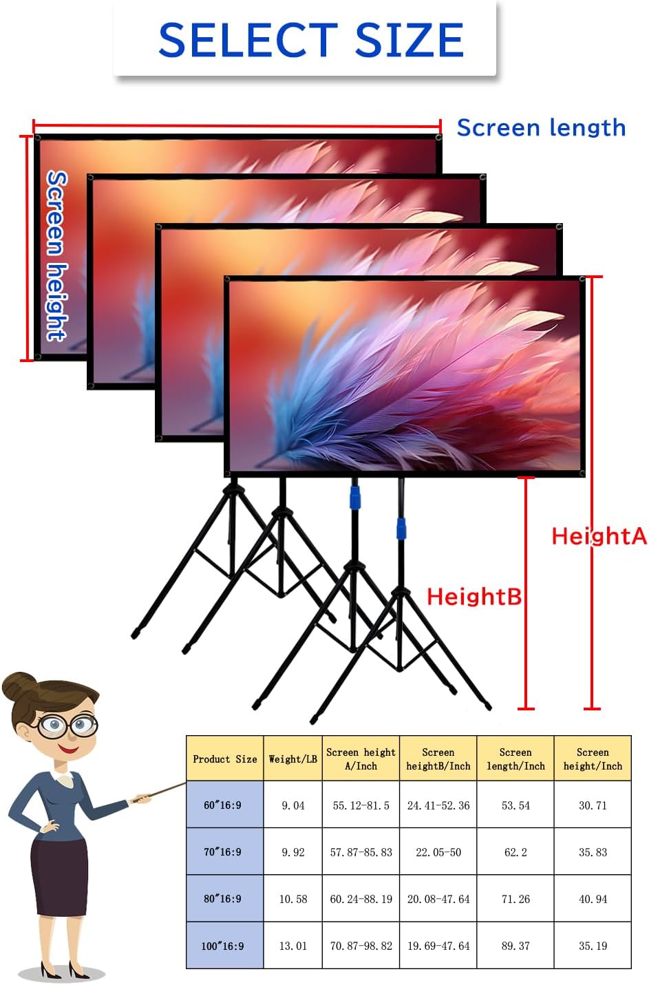 Projector Screen with Stand Outdoor 60 inch 4K HD 1.5-Gain Wrinkle-Resistant Movie Screen, 160° Viewing Angle, Projection Screen for Movie Night and Indoor 【60in】