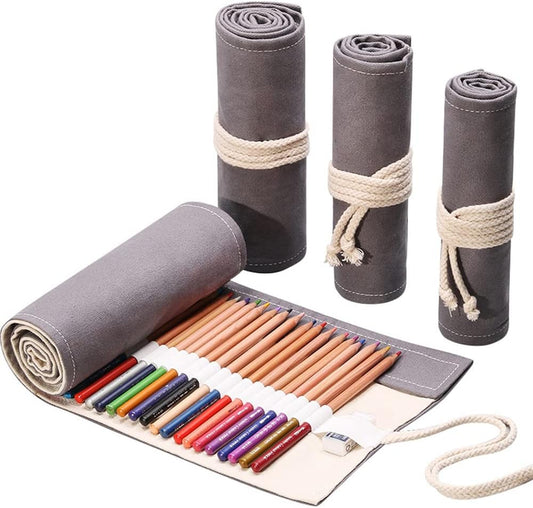 DIYOMR 24/36/72 Slots Pencil Wrap Pencil Rolls, Artist Colored Pencils Roll Up Bag Short Brushes Pouch Case Pencils Organizer for Drawing Coloring and Sketching (Grey, 72slots)