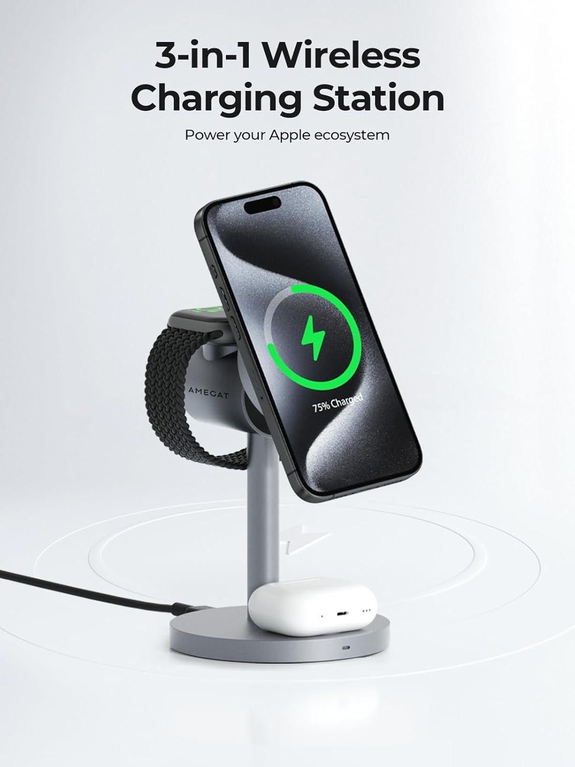 MagFusion 3-in-1 Charging Station Compatible with MagSafe, Qi2 Certified 15W Magnetic Wireless Charger Stand, for iPhone 17/16/15/14/13/12 Series, Apple Watch, AirPods(30W PD Charger Included)