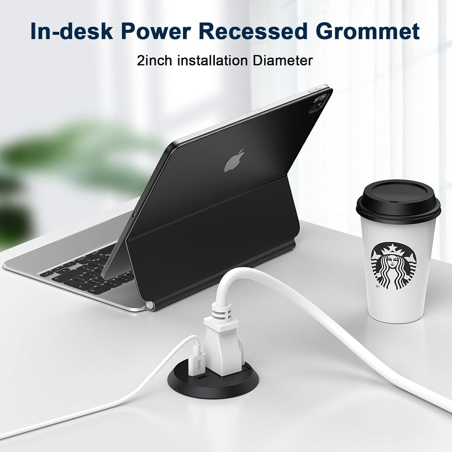 Recessed Power Grommet 2 inch,Tamper-Resistant Design AC Outlets, Fast Charging Station USB-C Port,Desk Hole Grommet Recessed Outlet,Round Desktop Conference Room Power Grommet Outlet.(Black)