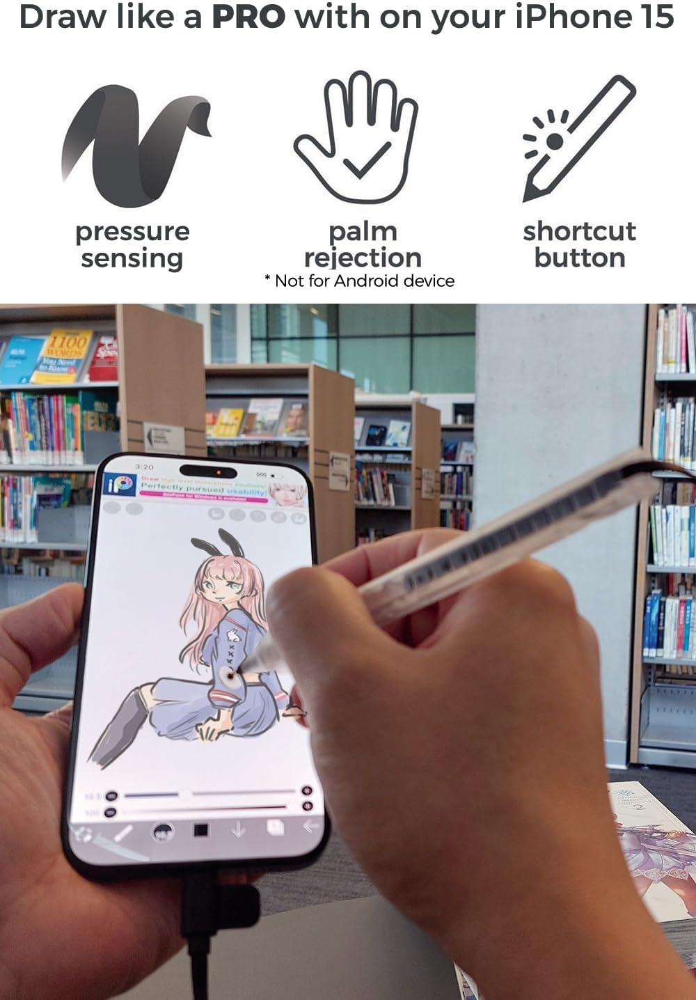 SonarPen (USB C): Pressure Sensitive Stylus Pen, with Palm Rejection and Shortcut Button. Battery-Less. Compatible with Apple iPhone/iPad/Android/Switch/Chromebook/Windows/Mac (White)