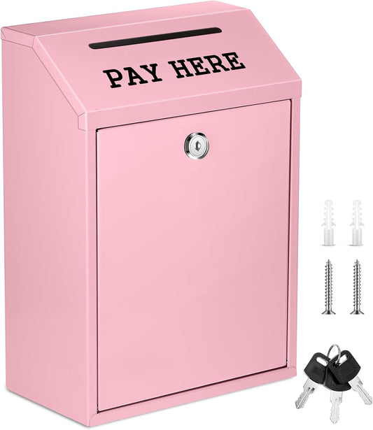 Safe Cash Box Money Collection Metal Donation Box with Lock Wall Mount Pre Drilled Mailbox Delivery Ballot for Home Office Outdoor Self Serve Stand(Pink,11.8 x 8.6 x 4.7 Inch)