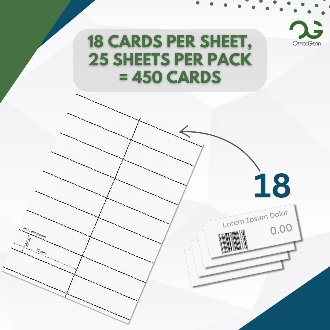 OfficeGear Shelf Edge Barcode Price Ticket Labels 18-up [25 Sheets - 450 Pack] 30x105mm Custom Printable A4 Card Micro Perforated Non-Adhesive Merchandise Tag with Free Downloadable Design Template