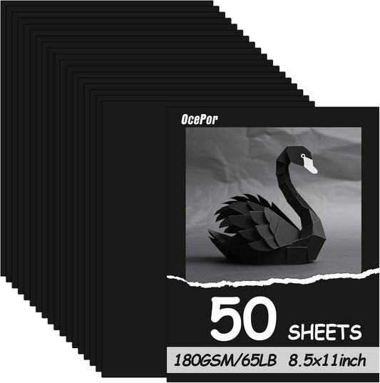 OcePor 50 Sheets Black Cardstock 8.5” x 11”, 65lb/180gsm Black Card Stock, Thick Card Stock Paper, Heavy Cardstock Paper for Printer, Resume, Scrapbooks, Art, Crafts, Business Cards
