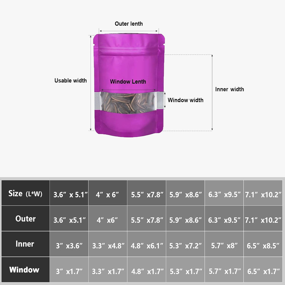 7.1"x10.2" 1 Quart 120pcs Mylar Bags for Food Storage,Smell Proof Bag with Matte Window Resealable Food Storage Bags for Small Business, Stand-up Foil Pouch Packaging Freeze Dried Candy Bag（Purple）