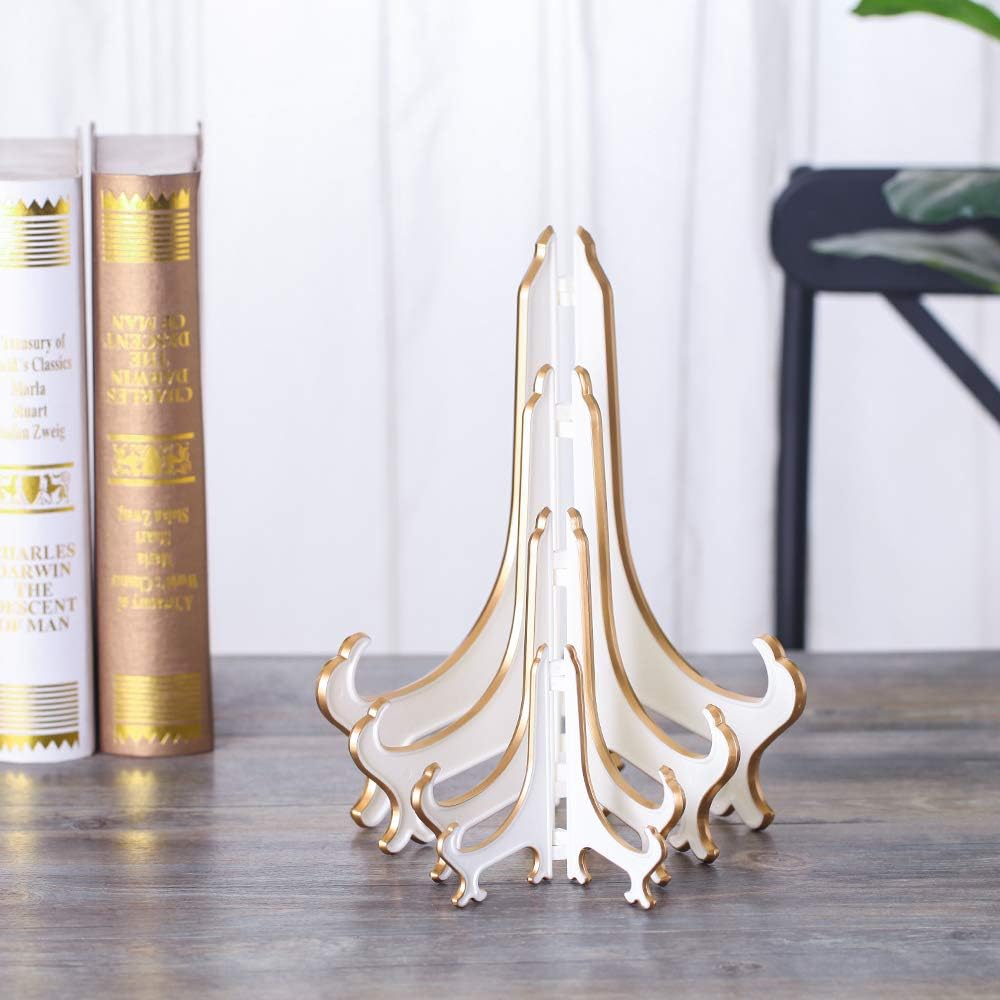Artliving 10" Decorative Plate Stand Holder Plastic Picture Easel Display Stand Picture Frame Stand White Gold (2 Pack)