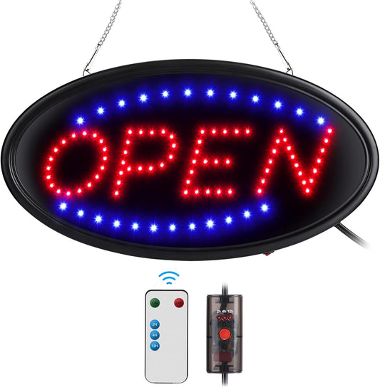 FITNATE LED Open Sign with Remote, Ultra Bright Electric Light Up Signs for Business, Timing Function, 2 Lighting Modes Flashing & Steady, Advertisement Board for Store, Bar, Hotel, Cafe (19x10 in)