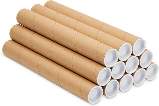 Stockroom Plus Mailing Tubes - 12 Pack, 1.5 x 12 In, Brown Kraft Cardboard - Document & Poster Storage Tubes with Caps