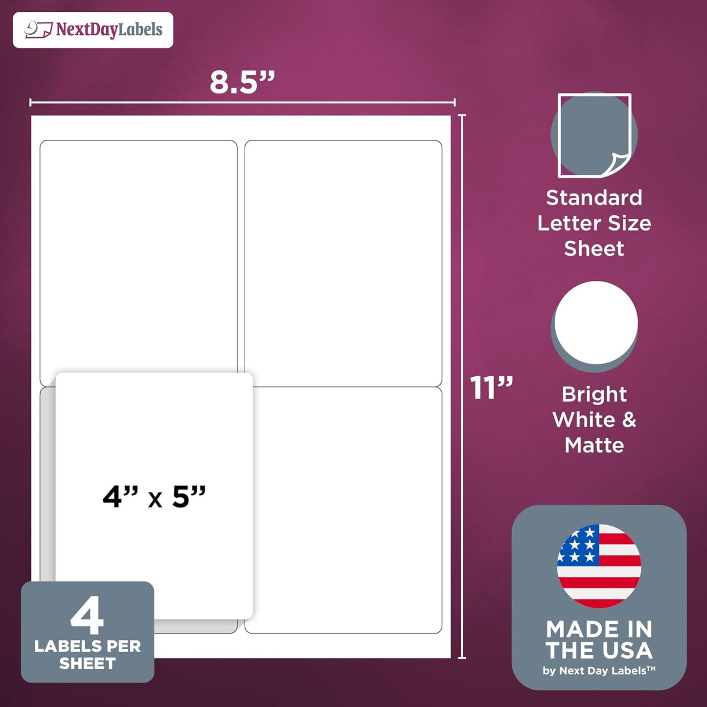 NextDayLabels – 4” x 5” Rectangular Sticker Labels for Printer - White Laser/Inkjet Printer Labels Return Address Labels Shipping Label Stickers (250 Sheets, 4 Per Sheet, 1000 Labels)