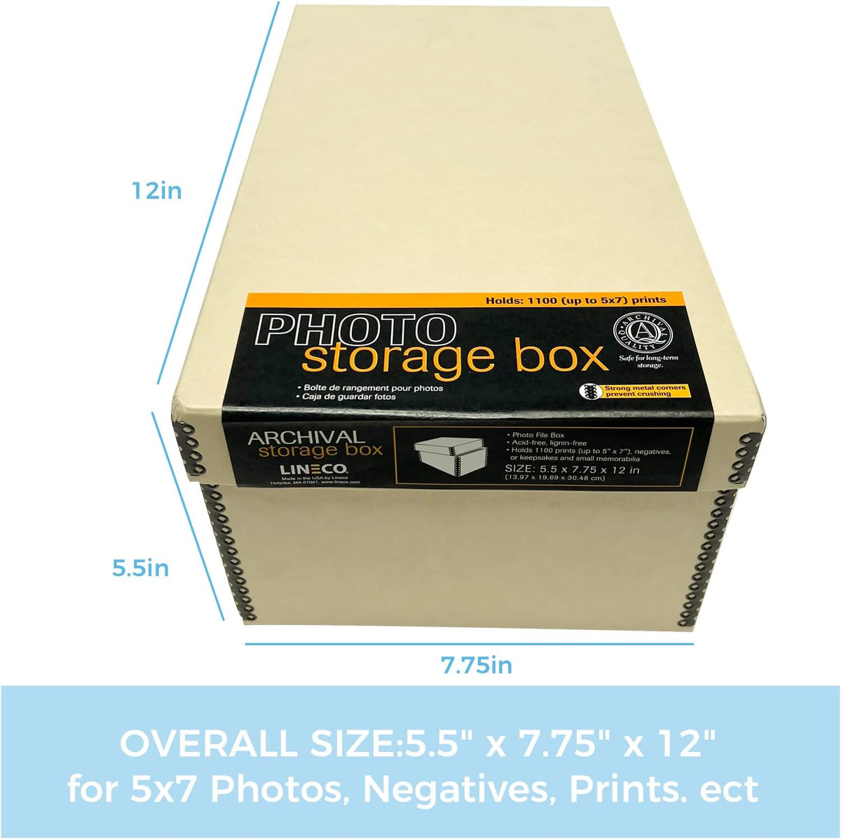 Lineco Archival Photo Storage Box, Holds up to 1100 of 5x7 Pictures, 4x6 Photograph Container with Removable Lid. Preserve Snapshot, Negatives, Prints, Films, Card, 5"x7"x12", Tan
