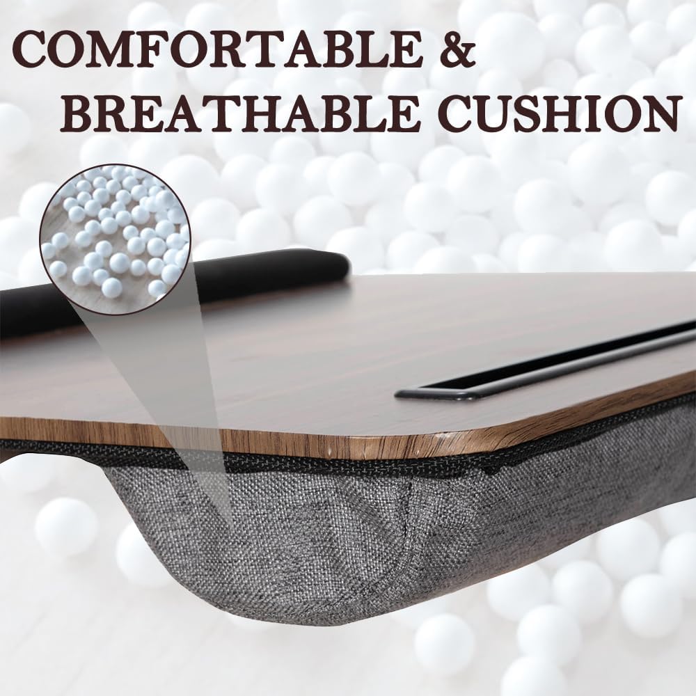 Portable Laptop Desk Fits Up to 16“ Laptops, with Tablet Slot, Built-in Cushion, Great for Home & Office,Lap Desk with Cushion (Brown with Wrist Rest, Medium)