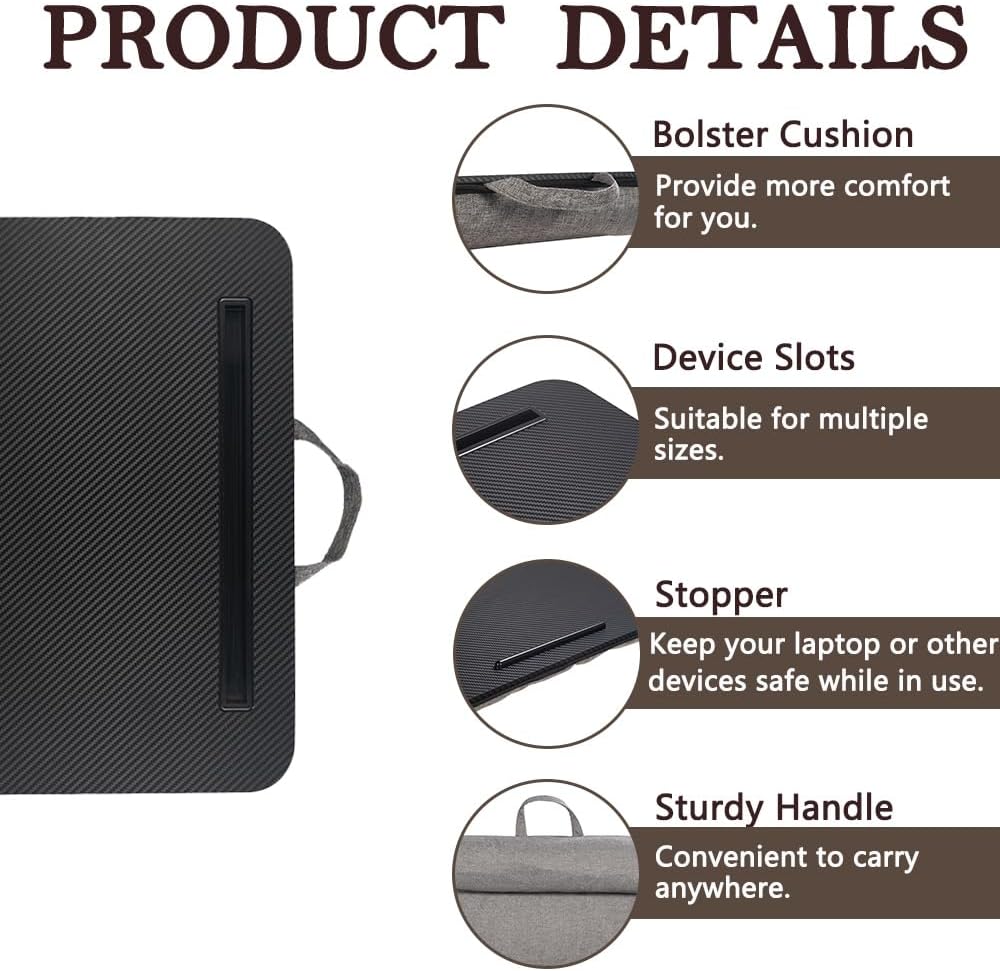 Portable Laptop Desk Fits Up to 16“ Laptops, with Tablet Slot, Built-in Cushion, Great for Home & Office,Lap Desk for Laptop,Lap Desk with Cushion (Black, Medium)