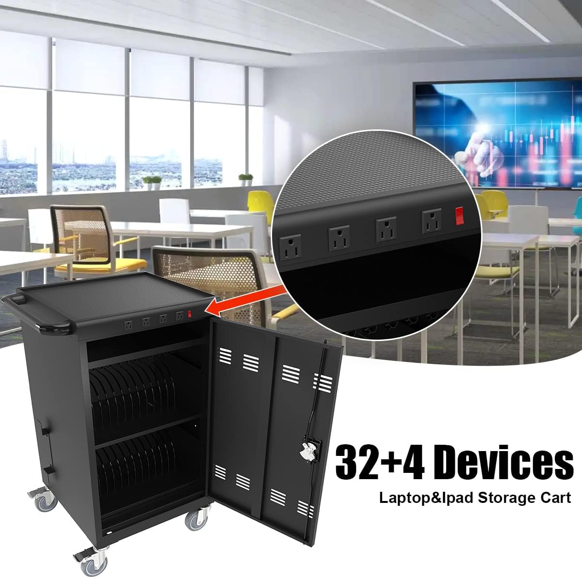 36 Device Charging Cart, Laptop and Tablet Storage Cart, Holds Up to 16.3" with Cord Management, Front and Rear Door Locks, Classroom or Office Charging Cabinet.Black with 4 Position Power Strip