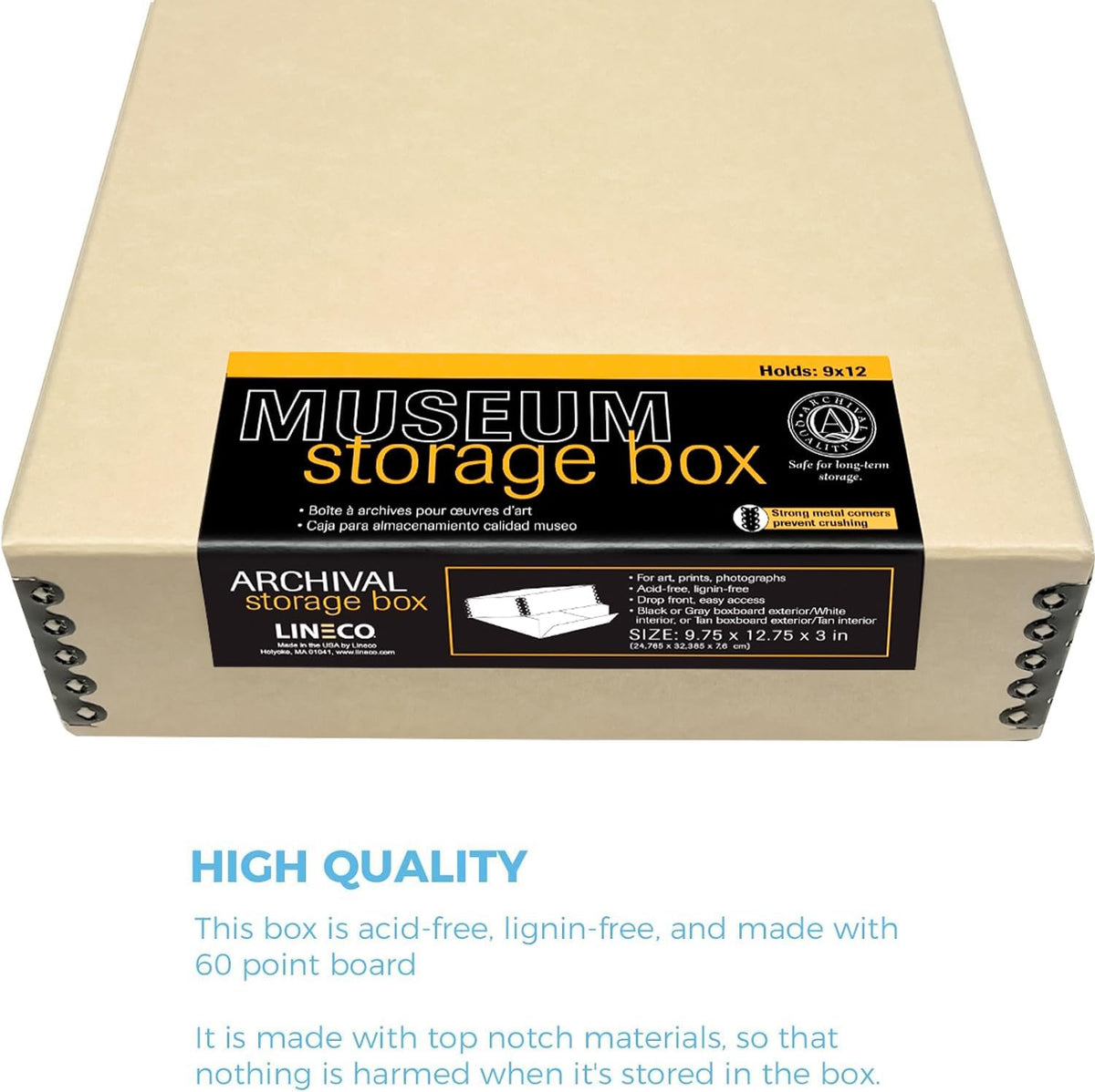 Lineco, 9x12 Tan Color Museum Archival Storage Box, Drop Front Design. Acid-Free with Metal Edge. Preserves Picture Longevity, organize Photos, Documents, Crafts, Diy, Pack of 2