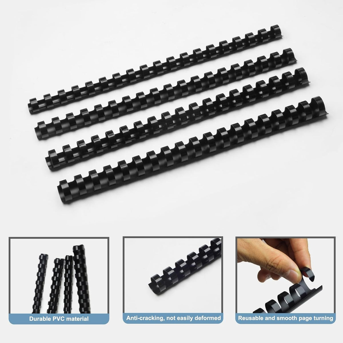 Rayson CR12141618BK Plastic Binding Combs 1/2in. 9/16in, 5/8in, 11/16in, 19-Ring Letter Size, Black Comb Binding Spines, Multi-Size Pack of 80