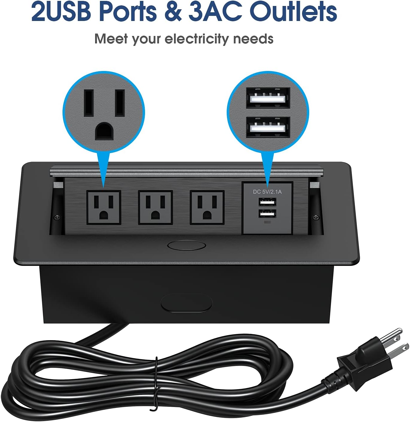 KYHSHJ Connection Box Desktop Pop Up Outlet with 2 USB Ports & 3 Outlets(Black)