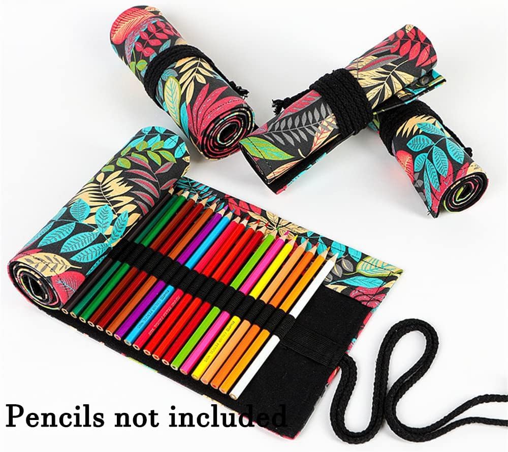 DIYOMR 24/36/72 Slots Pencil Wrap Pencil Rolls, Artist Colored Pencils Roll Up Bag Short Brushes Pouch Case Pencils Organizer for Drawing Coloring and Sketching (Colorful Leaves, 72slots)