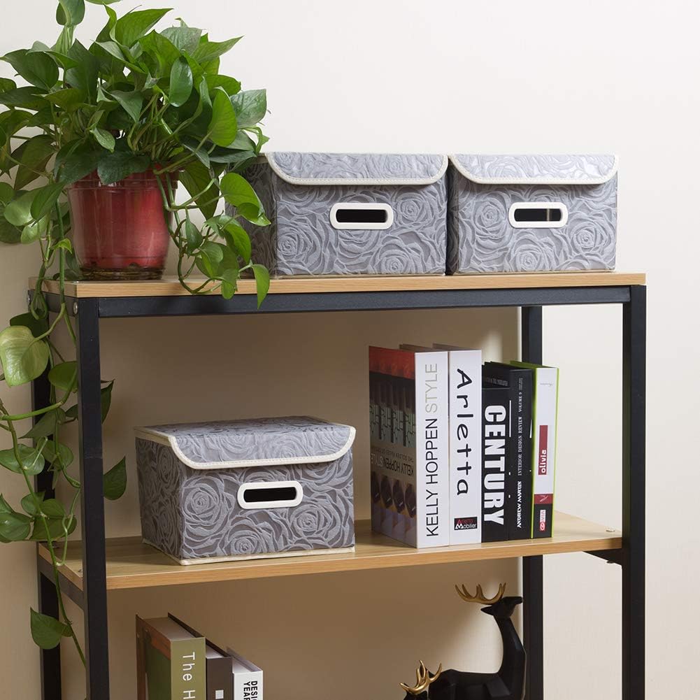 PRANDOM Stackable Storage Boxes with Lids [5-Pack] Fabric Decorative Storage Bins Cubes Organizer Containers Baskets with Cover Handles Divider for Bedroom Closet Living Room Grey 9.8x7.9x6.7 Inch