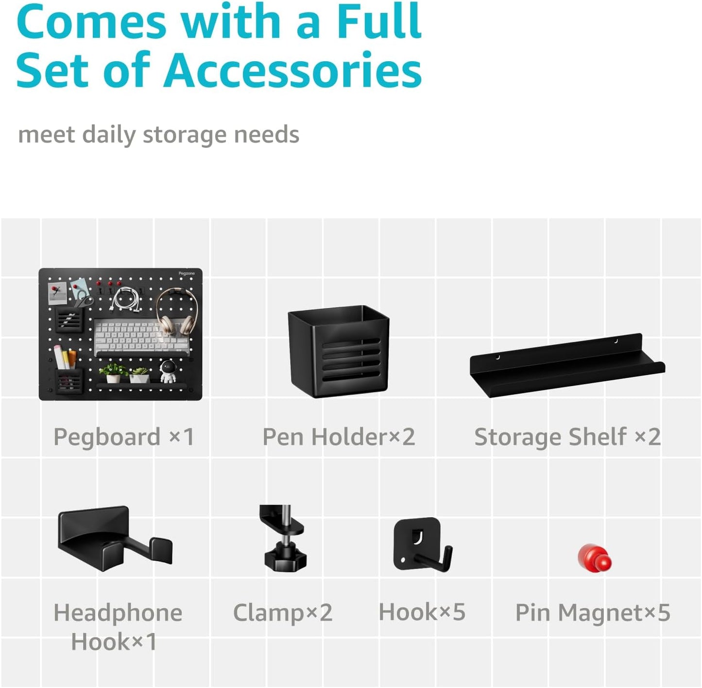 Clamp-on Desk Pegboard, Desk Organizer for Office Gaming Home, Magnetic Metal Peg Board with 15 Accessories, Privacy Panel for Office, 20.4" x 16.5", Large, Black